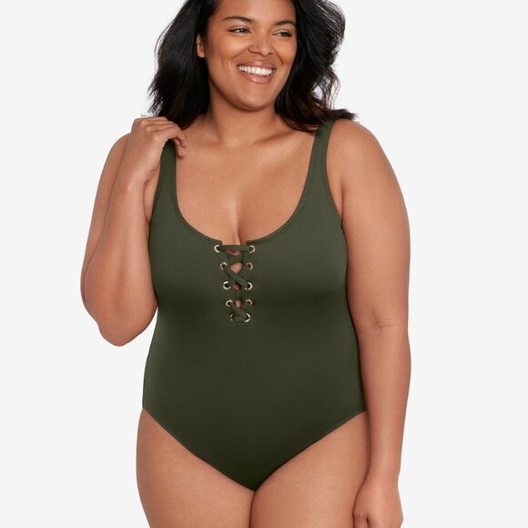 Lauren Ralph Lauren Plus Lace-Up One-Piece Swimsuit – Olive | Size 16W - Picture 1 of 3